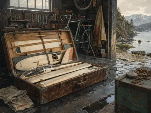 A disassembled glider packed inside an open suitcase in a rustic workshop opening out onto a mountain lake.