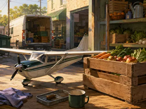 A small green and white propeller plane stands on an alley street beside a wooden produce crate filled with fruits and vegetables.