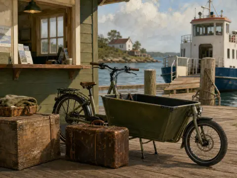 An olive green cargo bicycle parked on a wooden dock next to vintage suitcases, a kiosk, and a ferry boat.