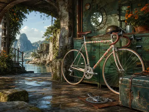 A floral road bicycle parked beside a green cabinet inside an open stone archway overlooking a seaside bay.