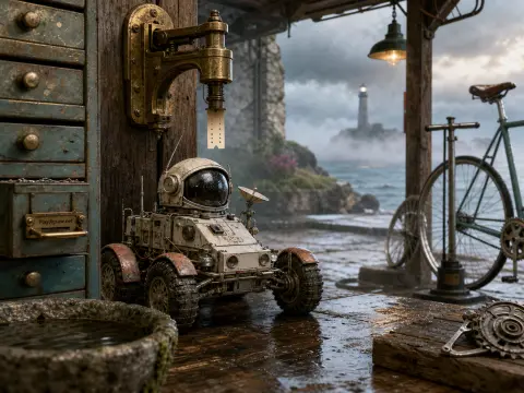 A small white rover with an astronaut helmet rests inside an open seaside workshop overlooking a foggy lighthouse.