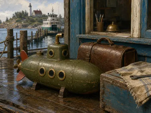 A miniature green submarine and a vintage brown bag resting on a wooden dock with a lighthouse in the background.
