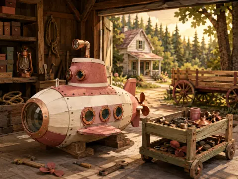 A miniature pink and cream submarine sits inside an open wooden workshop with a cozy cottage visible outside.