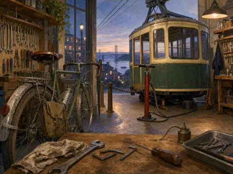 A vintage cable car and bicycle rest inside a mechanic workshop overlooking a twilight bay with a suspension bridge.