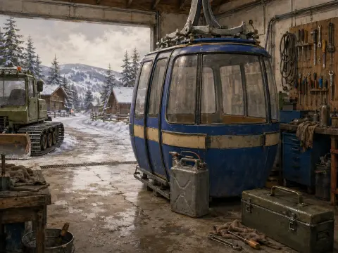 A blue gondola cabin hangs inside a rustic workshop overlooking a snowy mountain village with a snowcat parked outside.