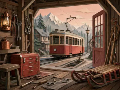 A vintage red tram viewed through an open rustic workshop doorway looking out toward alpine peaks.