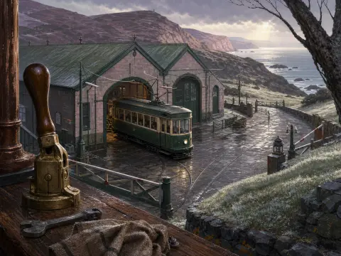 A vintage green tram emerges from a stone depot on a coastal cliff overlooking the sea.