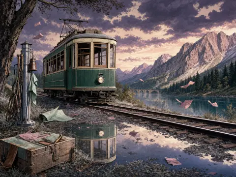 A vintage green tram on tracks beside an alpine lake, with its reflection mirrored in a foreground puddle.