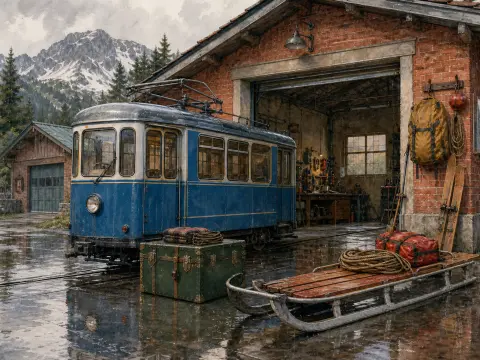 A vintage blue tram parked outside a brick workshop with a wooden sled, packed gear, and snowy mountains in the background.
