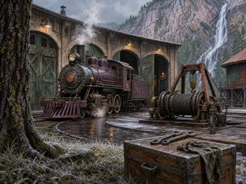 A vintage steam locomotive parked outside a stone roundhouse beneath a tall mountain waterfall.