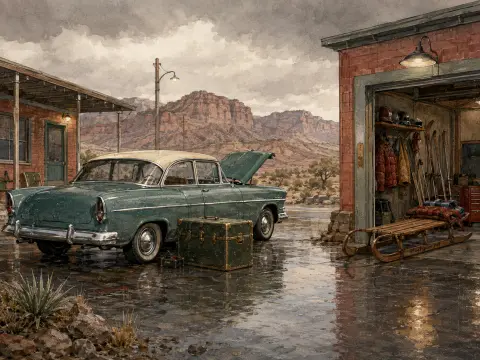 A vintage teal car with an open hood parked on wet ground outside a garage with desert mountains behind.