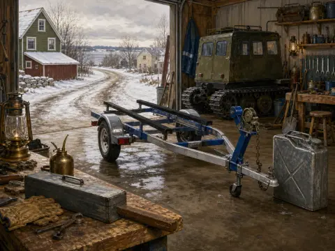 An empty boat trailer in a rustic garage looking out onto a snowy road and coastal cottages.