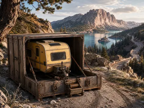 A yellow camper inside an open shipping crate rests on a mountain dirt road overlooking an alpine lake.