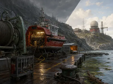 A red service boat sits on a wet wooden pier with an open engine bay, near a rocky hill and coastal radar station.
