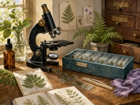 A vintage microscope, botanical specimen slides in a blue box, and pressed fern leaves on a wooden study table.