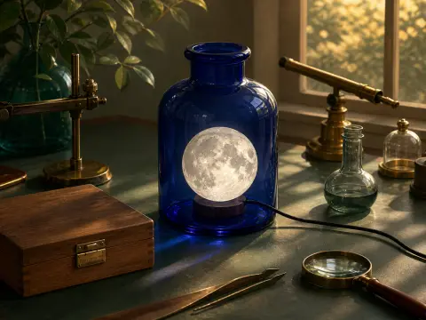 A glowing miniature moon lamp inside a blue glass jar sits on a desk surrounded by vintage brass instruments.
