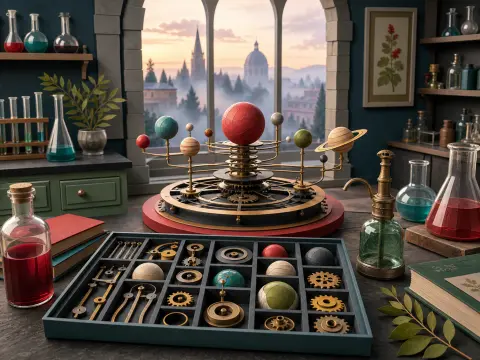 A brass mechanical solar system model on a desk with a tray of gears and flasks before an arched window.