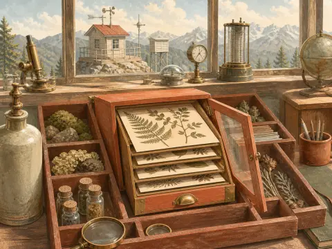 A wooden specimen cabinet with pressed leaves sits on a desk in an alpine observatory overlooking snowy mountains.