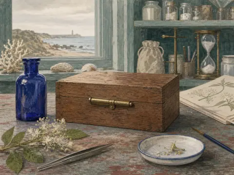 A wooden specimen box, blue glass bottle, botanical tools, and plants on a desk before a scenic coastal window.