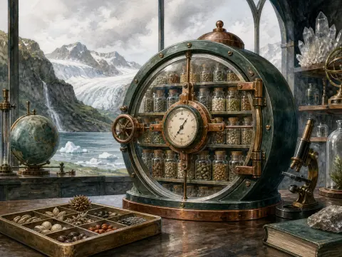A circular brass specimen safe filled with seed jars on a desk overlooking a snowy mountain glacier and fjord.