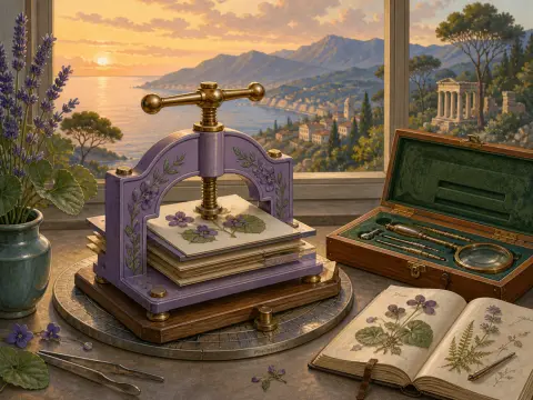 A decorated purple flower press, botanical notebook, and tools sit on a windowsill overlooking a coastal sunset.