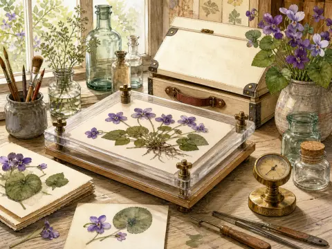 A flower press holding pressed purple violets on a wooden desk with botanical specimens, glass bottles, and brushes.