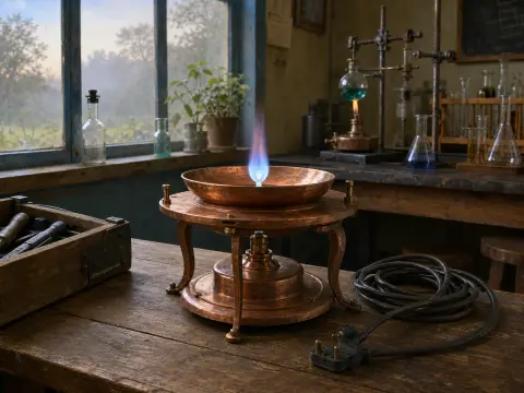An antique copper burner with a blue flame sits on a wooden workbench in a rustic laboratory with glassware.