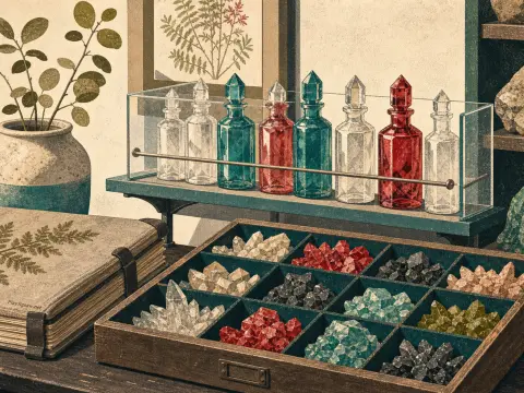 Faceted glass bottles on a shelf above a wooden tray filled with colorful mineral crystal clusters and a botanical book.