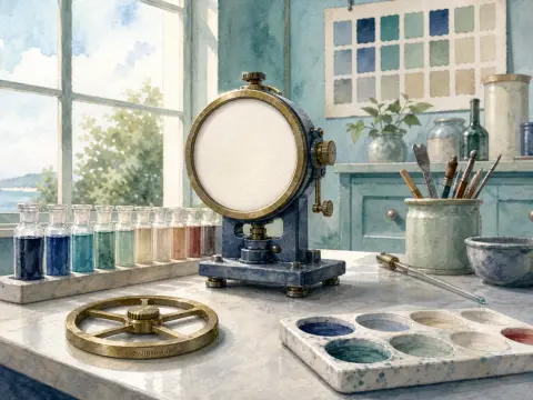 Antique testing instrument and bottles of colored pigments arranged on a sunlit studio worktable.