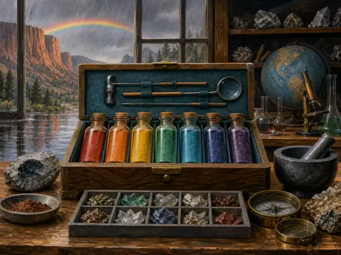 A wooden box filled with rainbow pigment vials and tools on a table overlooking a rainy landscape with a rainbow.