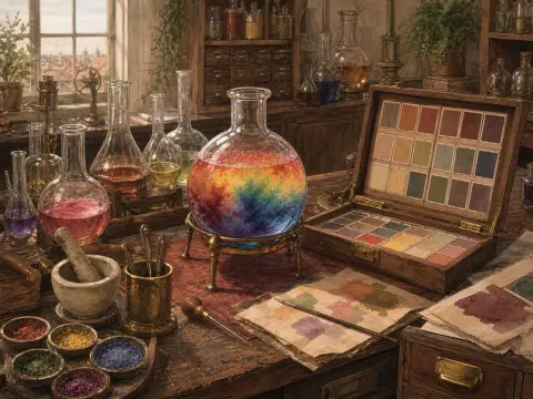 A laboratory desk filled with glass flasks, colorful pigment powders, and a wooden box of paint swatches.