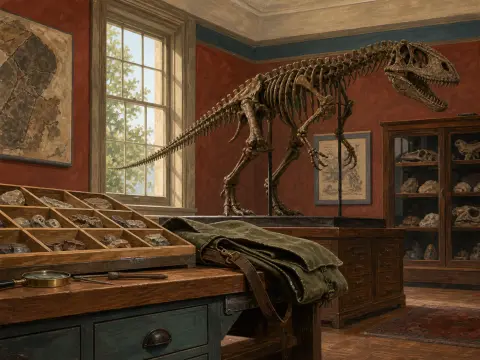 A mounted theropod dinosaur skeleton stands in a paleontology study with fossil trays and specimen cabinets.