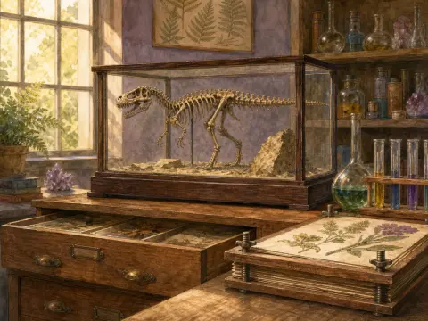 A miniature dinosaur skeleton inside a glass case on a wooden study desk beside a plant press and chemistry glassware.