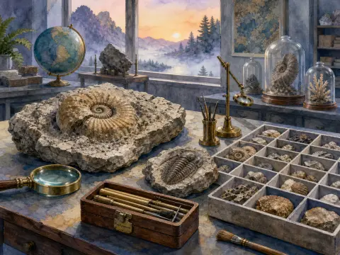 A desk with ammonite and trilobite fossils, magnifying glass, specimen tray, and a window viewing a misty sunrise.