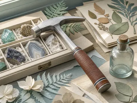 A steel rock hammer resting on a collection box of mineral specimens alongside dried ferns and a glass bottle.