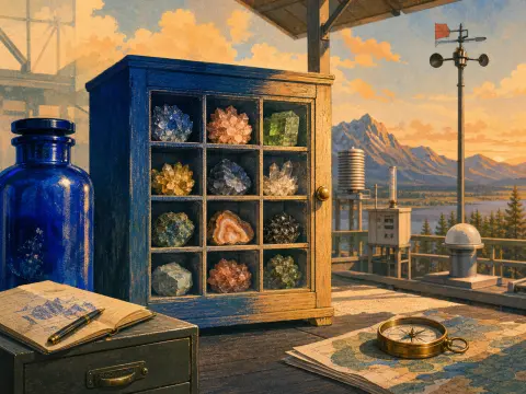 A display case of colorful crystal specimens sits on a mountain deck with a compass, map, and weather station.