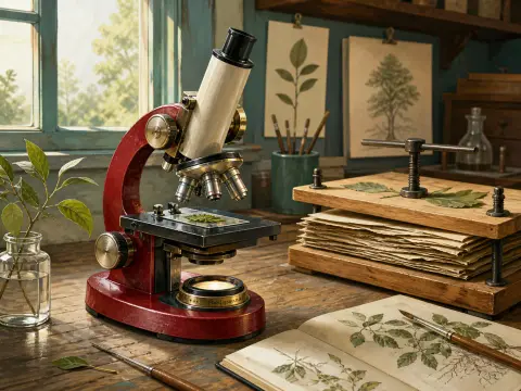 A red antique microscope on a wooden table beside a plant press, botanical sketchbook, and fresh leaves.