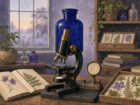 Antique microscope on a wooden desk surrounded by pressed botanical specimens, glass bottles, and a misty window view.