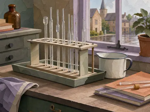 Glass pipettes in a drying rack sit on a workbench beside an enamel cup and a window looking out onto a village.
