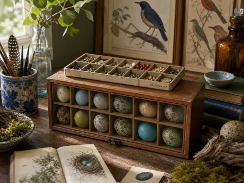 A naturalist's wooden desk with a display case of speckled bird eggs, an open field guide, and framed bird prints.