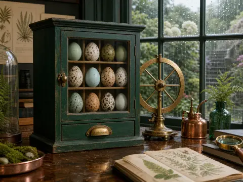 A vintage green cabinet displaying speckled bird eggs sits on a wooden desk beside botanical books and a rainy window.
