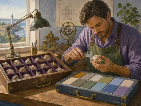 A man at a wooden desk measures a seashell with calipers beside scientific instruments and an open ocean window.