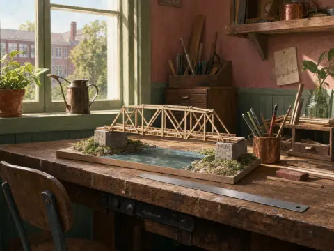 Wooden truss bridge diorama resting on a sunlit workbench next to a window and artisan tools.