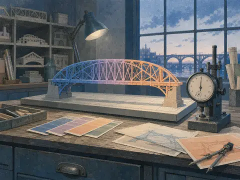 A colorful model bridge undergoes testing on a wooden workbench with blueprints and a dial gauge near a window.