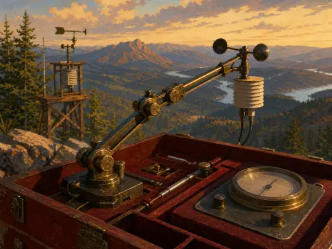 A brass robotic weather monitoring arm and dial mounted inside a wooden field kit overlooking a mountain valley.