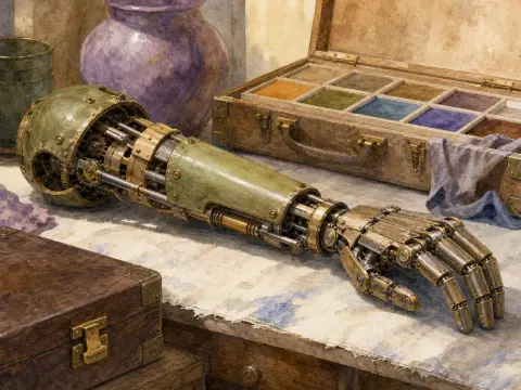 An intricate mechanical brass arm and hand resting on a rustic workbench next to a wooden paint box and purple vase.