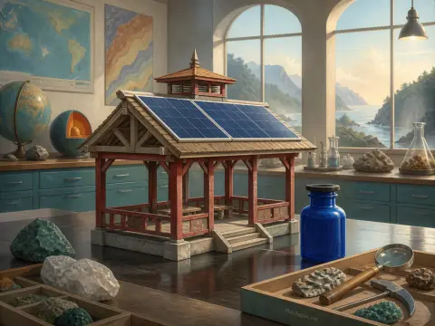 Miniature wooden pavilion with solar panels on a science lab table surrounded by rock specimens and a globe.