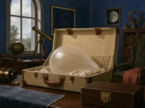 A large translucent weather balloon rests inside an open vintage suitcase in an antique astronomy study.