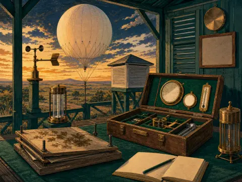 Vintage meteorological instruments and open notebook on a wooden deck overlooking a weather balloon at sunset.