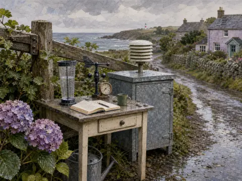 Weather instruments and an open notebook on a wooden table beside a wet coastal lane leading to seaside cottages.